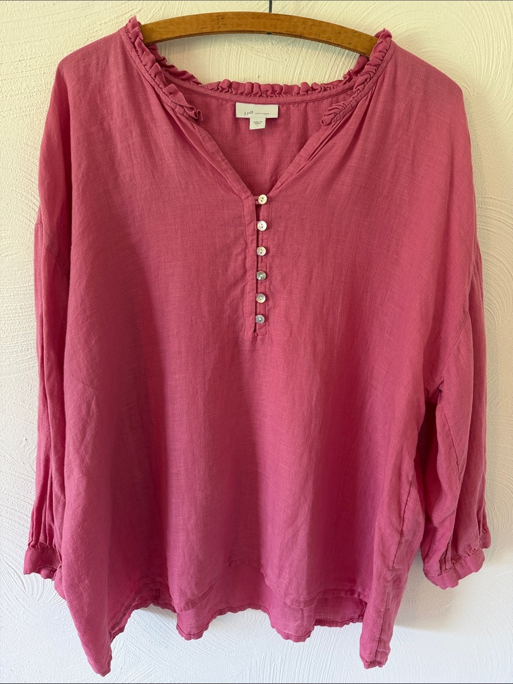 J. Jill Love Linen Pink Ruffled Henley Tunic.  Size Large.